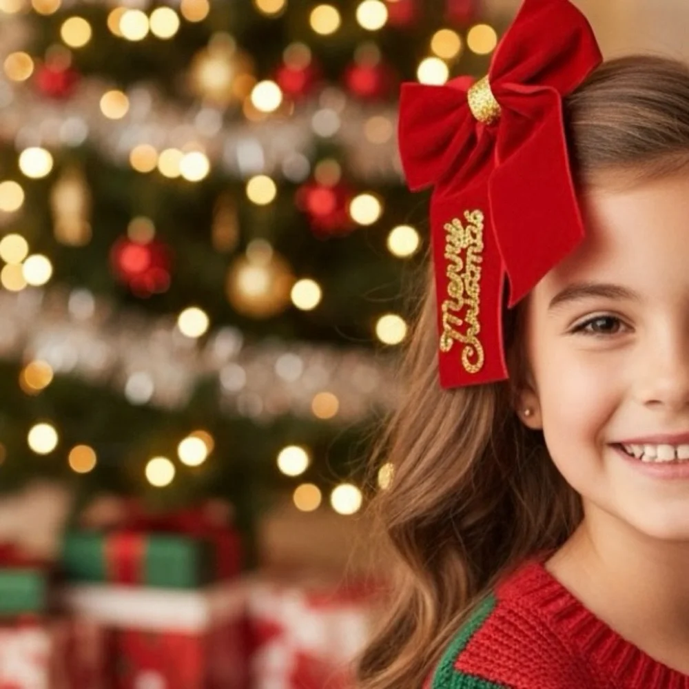 Red Christmas Hair Bow with Gold Accents For Kids